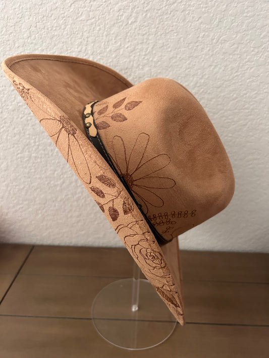 Floral Burned Hat - Tan *Large